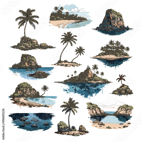 Tropical Island and Coastal Seascape Elements Pack, Vector Illustration