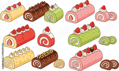 Sweet Dessert Roll Cake Collection with Strawberry Chocolate and Matcha Swiss Rolls with Cream Filling for Bakery Menu and Pastry Illustration Design