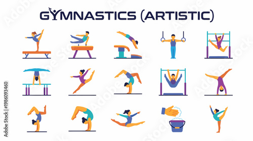 Artistic Gymnastics Poses and Equipment Flat Icons