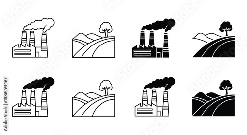 Industrial landscape with factories mountains and pollution depicted in black