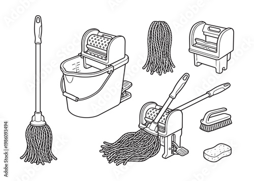 Mop bucket with wringer and cleaning tools collection for sanitation service vector illustration set.
