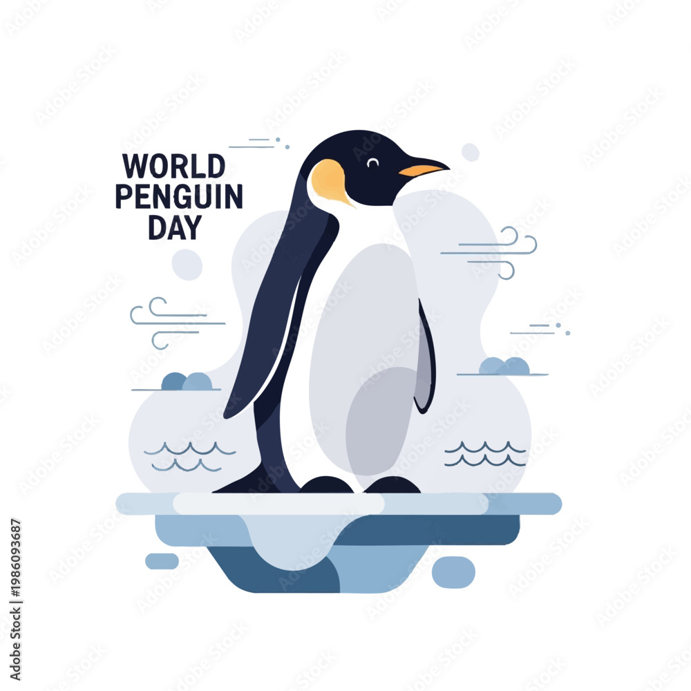 Fototapeta premium World Penguin Day Concept with Stylized Penguin on Abstract Ice Platform in Modern Minimal Flat Vector Illustration Design