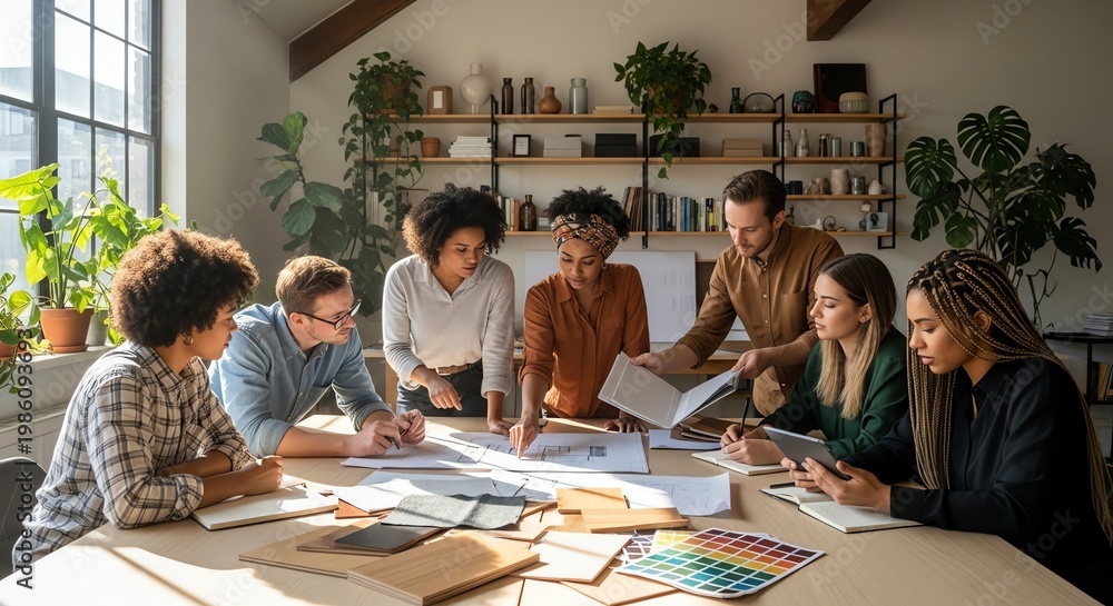 Obraz premium Diverse group of young professionals collaborating in a modern office meeting room.