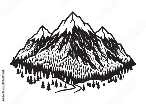 Majestic mountain peak landscape with evergreen pine forest at foot of slope vector illustration art.
