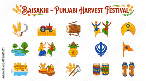 Baisakhi Punjabi Harvest Festival Icons - Sikh Culture Celebration