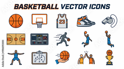 Basketball Icons Vector Set: Ball, Hoop, Jersey, Shoes, Whistle