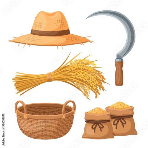 Traditional Farming and Wheat Harvest Tools Collection Vector Set