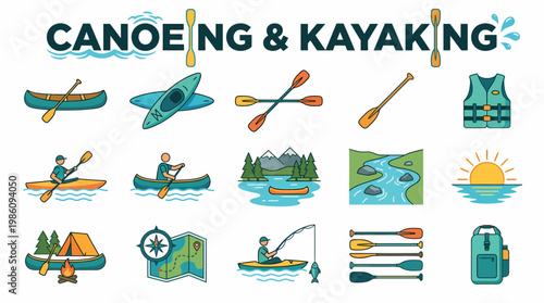 Canoeing Kayaking Icons Vector Set - Outdoor Recreation