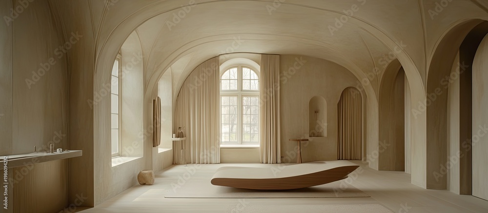 Obraz premium Sophisticated Vaulted Interior with Arched Windows, Neutral Palette, and Unique Wave Daybed