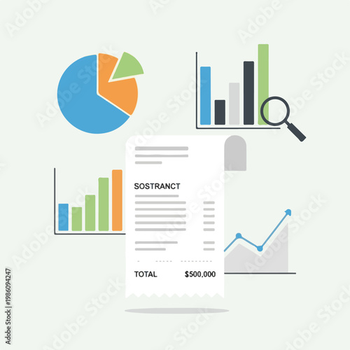 Business financial report showing a large total sum surrounded by various analytical charts and graphs for corporate data analysis