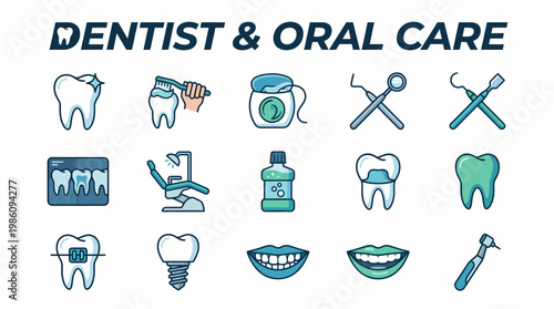 Dentist Oral Care Icons: Teeth, Brushing, Flossing, Dental Hygiene