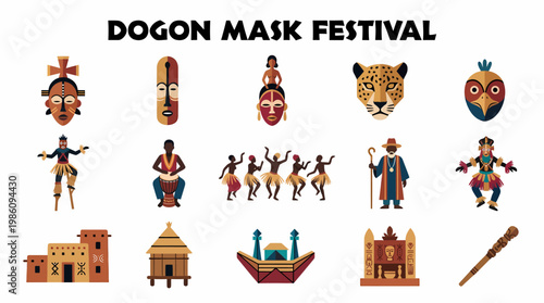 Dogon Mask Festival Elements: Masks, Dancers, Buildings, Animals