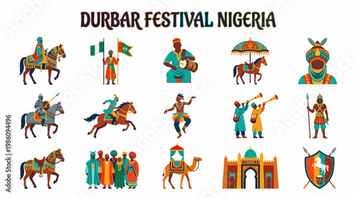 Durbar Festival Nigeria Icons: Horse Riders, Dancers, Camel, Mosque