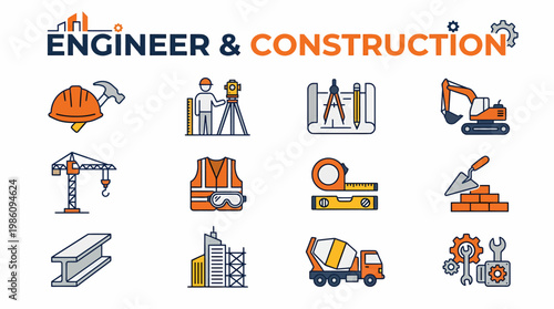 Engineer and Construction Icons: Building, Tools, Safety, Planning