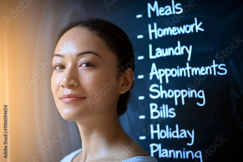 Woman in warm light with task-filled blackboard. Concept of mental load, emotional labor, and invisible domestic responsibilities