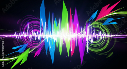 Vibrant sound wave graphic with colorful spikes and swirls on dark background for music or technology concepts