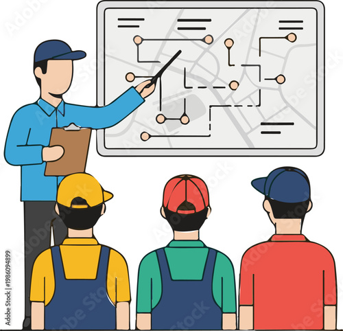 Instructor points at a complex logistics map to guide a group of attentive workers during a meeting