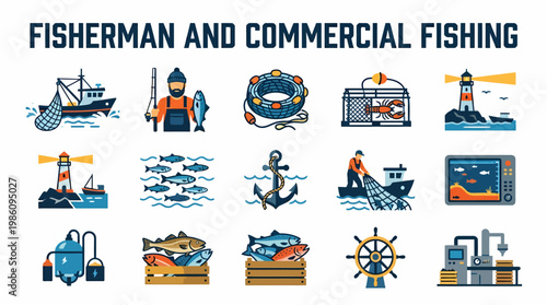 Fisherman and Commercial Fishing Icons Set