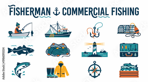 Fisherman Commercial Fishing Icons Set