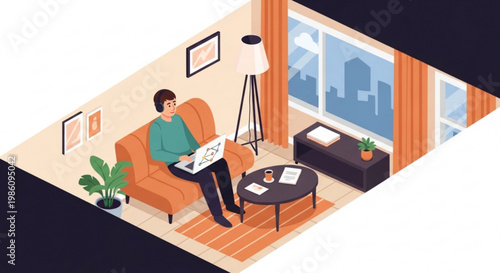 Man working on laptop in living room with city view and plants remote work concept