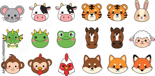 Cute Animal Face Icon Set with Mouse Cow Tiger Rabbit Dragon Frog Horse Sheep Monkey Chicken Dog Fox and Various Cartoon Expressions Collection