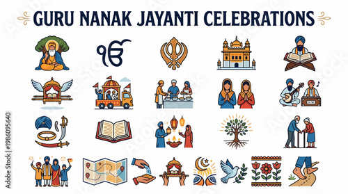 Guru Nanak Jayanti Sikh Celebration Icons Vector Art