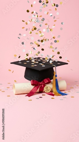 Graduation cap and diploma with falling gold confetti on pink background
