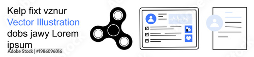 Personal identity, online profiles, user data, digital interaction, conceptual design, UI templates. Graphic of a fidget spinner, digital profile with user information and abstract design. Focus on