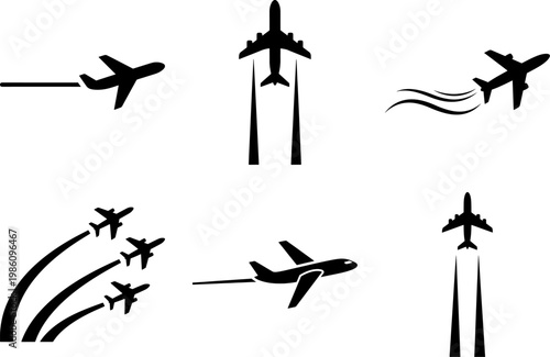 Collection of airplanes flying in different directions and positions
