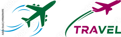 Airplane travel concept with colorful planes and motion lines on white