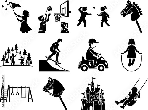 Collection of black silhouette icons depicting children playing outdoors and having fun  various activities