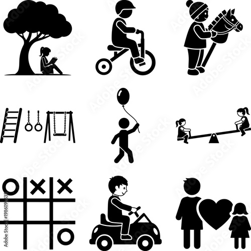 Black and white illustrations of kids playing and having fun outdoors and indoors daily activities