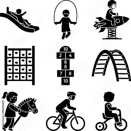 Black silhouette icons of children playing on slides and riding bicycles and toys outdoors