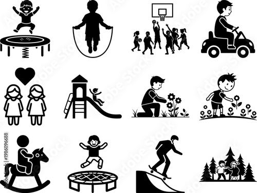 Black silhouettes of children playing outdoors and having fun in park  kids activities