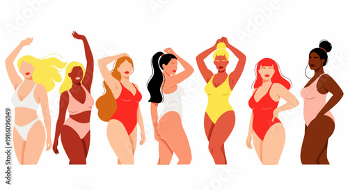 Diverse body positive women in swimwear, inclusive group of multicultural females in swimsuits, body positivity and self-love vector illustration