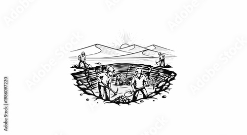 Miners digging in a pit with mountains and sun in the background