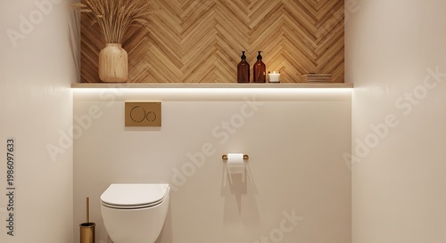 Modern Bathroom Design with Wooden Accents and Ambient Lighting.