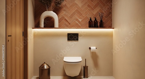 Modern bathroom interior with toilet, shelf, and decorative elements.