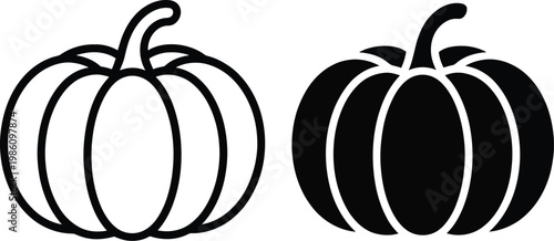 Black and white pumpkin illustration, vector artwork featuring two pumpkins with contrasting styles, one white-filled and one solid black, ideal for Halloween, autumn, and seasonal design projects.