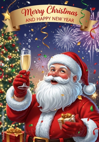 Jolly Santa Claus raises a glass of champagne amidst twinkling Christmas tree, vibrant fireworks, and festive gifts. Happy New Year!