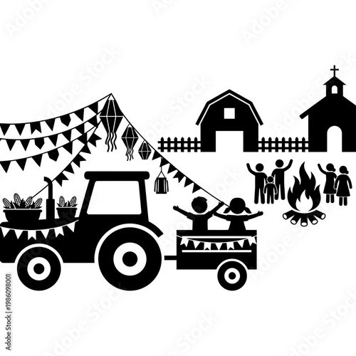 Tractor arrival at rural festival village scene
