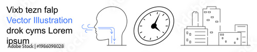 Education, health, time management, urban life, respiratory system, medical concepts. Human profile showing airflow, clock and city skyline. Educational and health-related conceptual