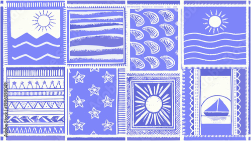 A grid of nine blue and white abstract designs featuring suns waves and stars