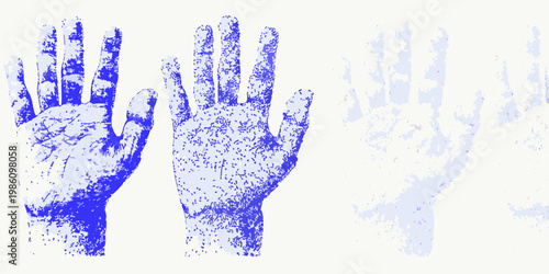 Three blue handprints are displayed against a light neutral background