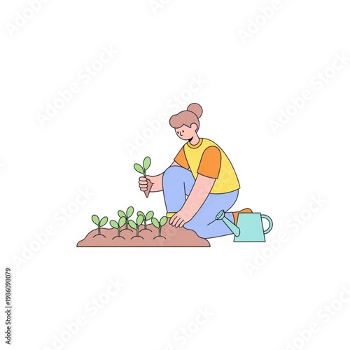 Woman planting seedlings in garden with watering can nearby  