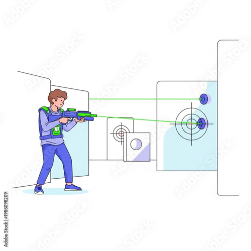 Young boy aiming with laser gun in indoor shooting range  