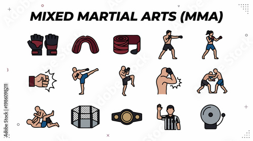 Mixed Martial Arts MMA Icons Set - Fight Sport Equipment and Action