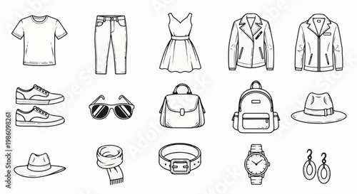 Various clothing and accessories illustrated in a simple line drawing style