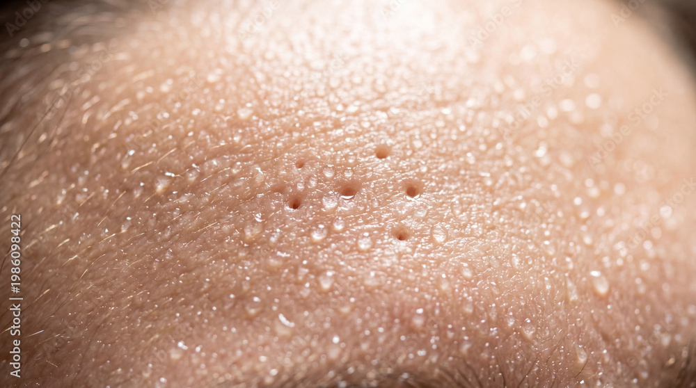 Fototapeta premium Close up skin texture with visible pores, water droplets, and hydrated surface, showing healthy moisture and natural shine, suitable for skincare and dermatology concepts