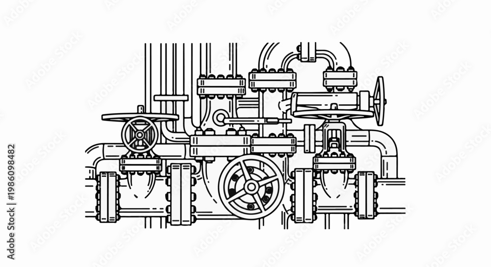 Obraz premium Intricate industrial piping with valves and pressure gauges in a detailed linework illustration